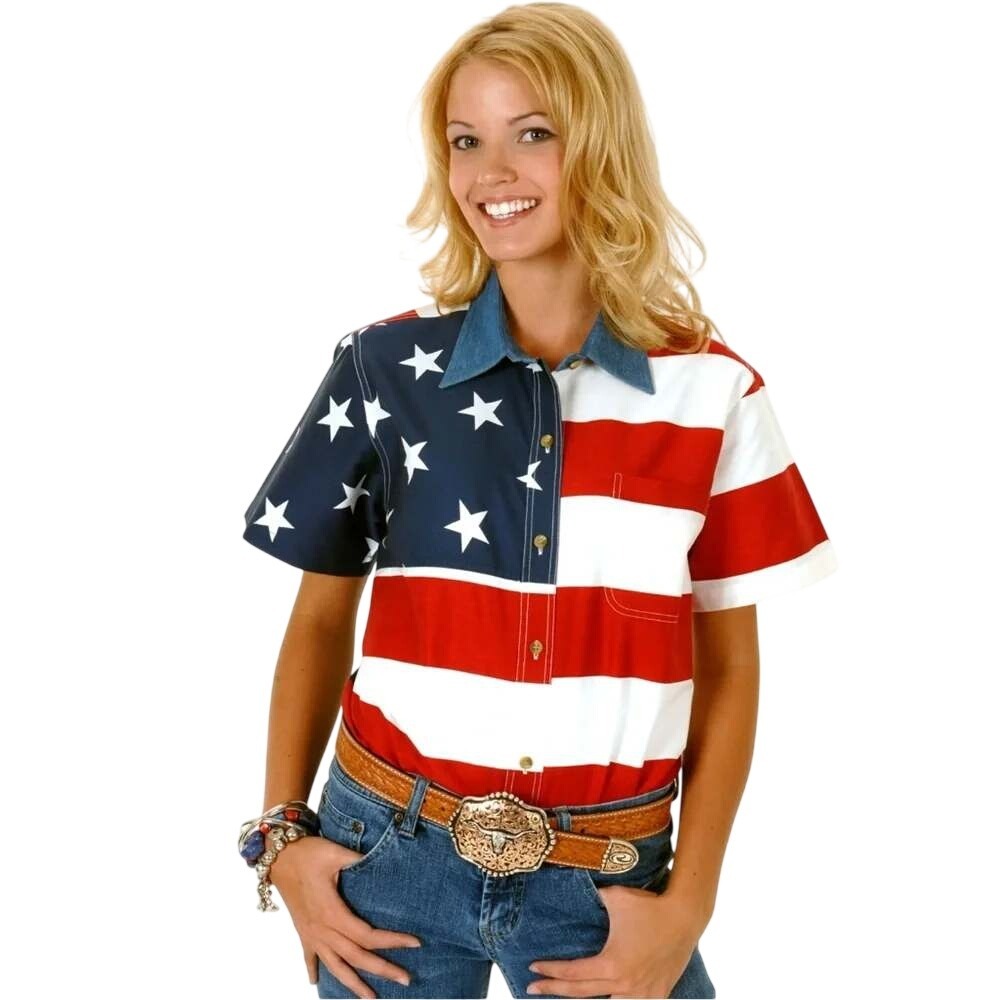 Roper Women's American Flag Western Button Down Short Sleeve Shirt L Americana